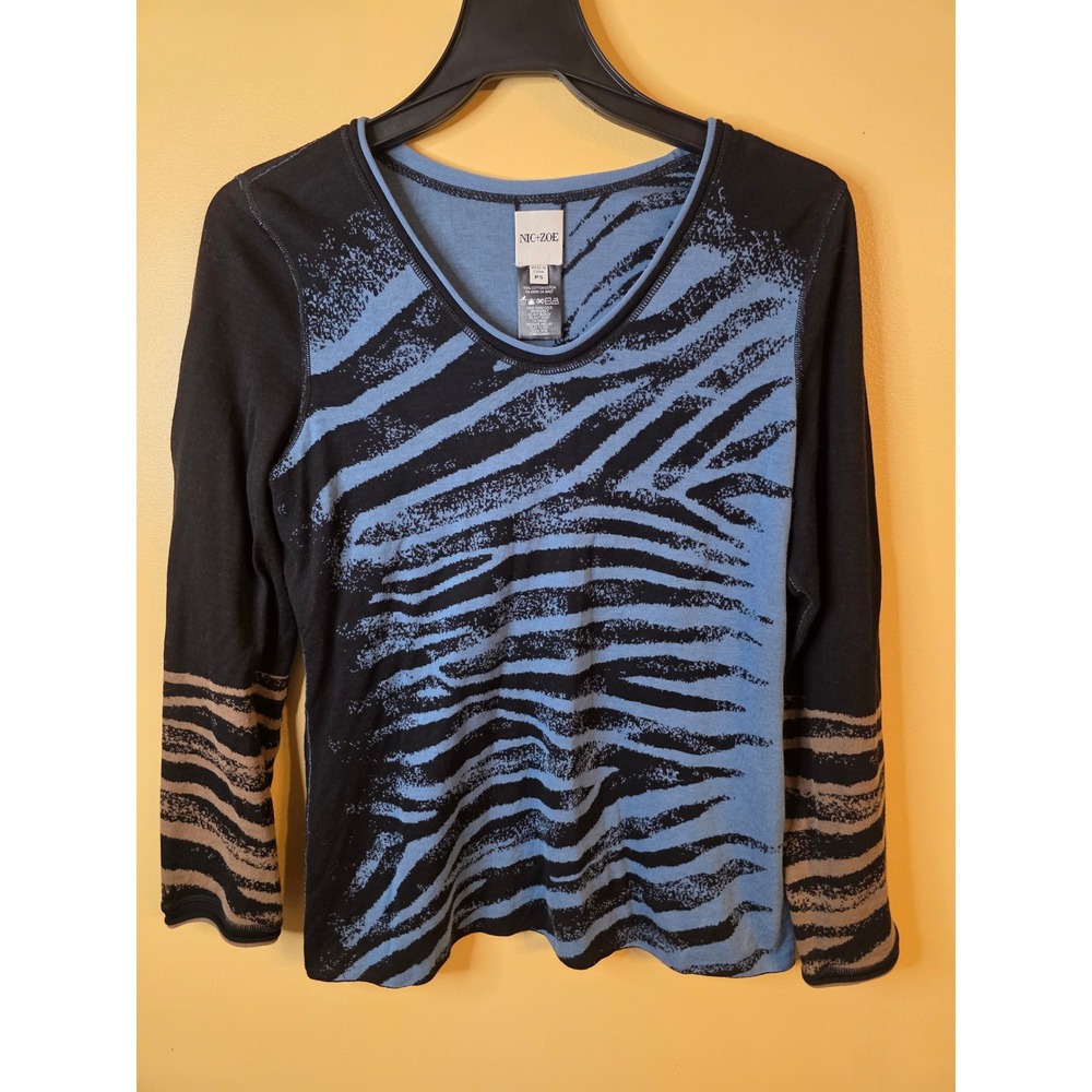 Nic+Zoe Womens PS Blue Black Zebra Print Long Sleeve V-Neck Cotton Top